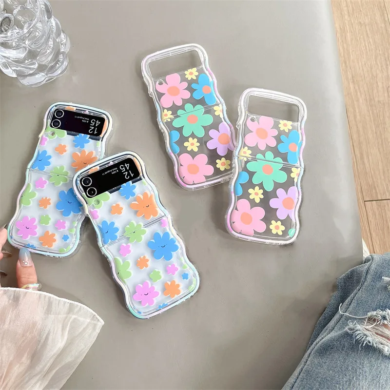 Coreano Summer Flower Rainbow Floral Funny Girl Cloud Custodia Ondulata Per Galaxy Z Flip 5 Z Flip5 Flip4 Zflip3 Zflip5 Cover Antiurto
