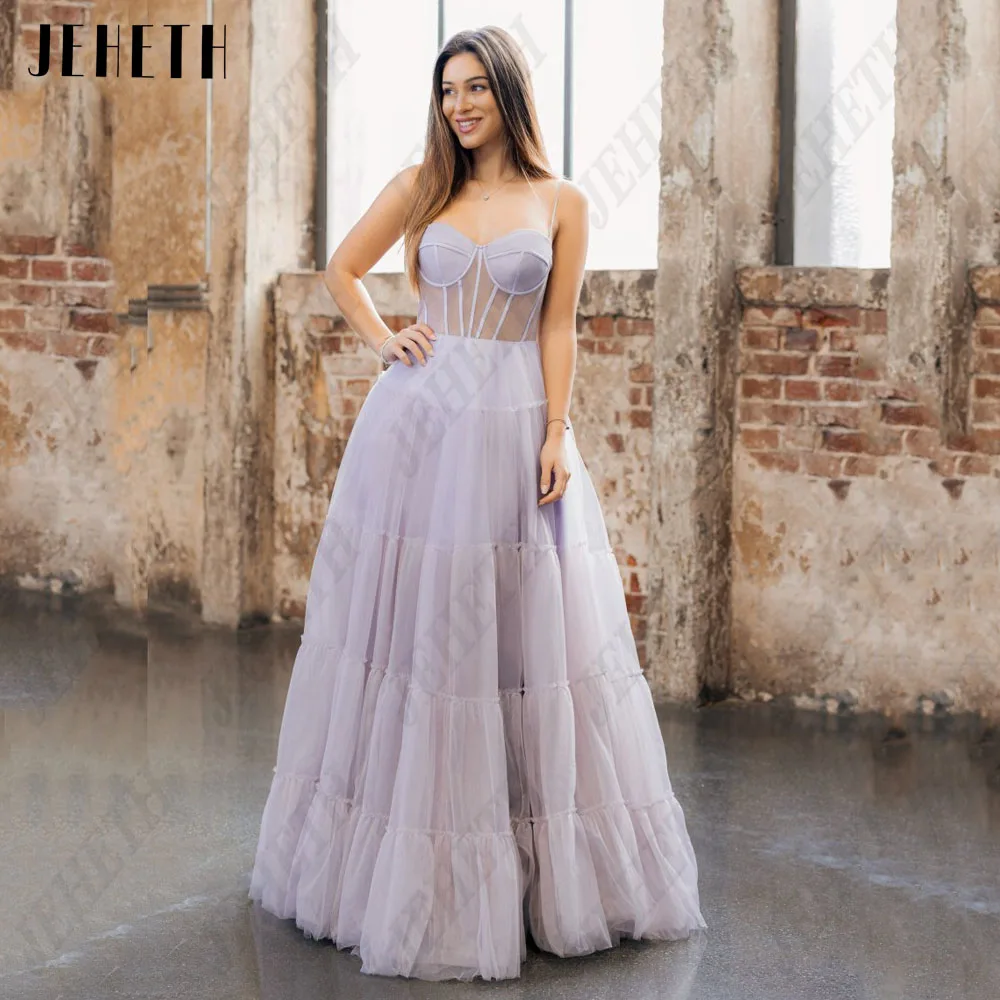 

JEHETH Elegant Evening Dresses Spaghetti Straps Sweetheart Prom Gowns Tulle A-Line Sleeveless Floor Length vestidos de noche