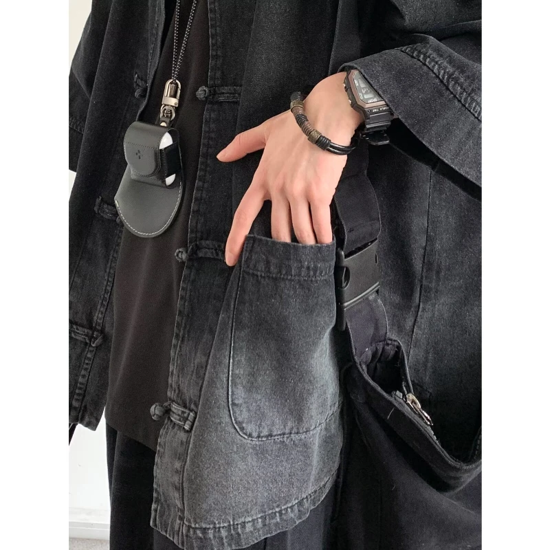 Ancient Style Denim Shirt Mens Halo Dyed Washed Single Breasted Short Sleeved Jacket Lapel Collar Tops