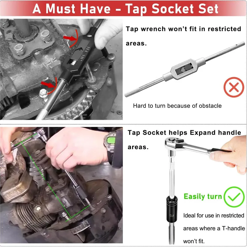 Tap Socket Set For Large Tap Size 5/8", 11/16", 3/4", Replace# 70940, 1/2" Drive For larger, Fractional M.C.T.I. Standard Taps