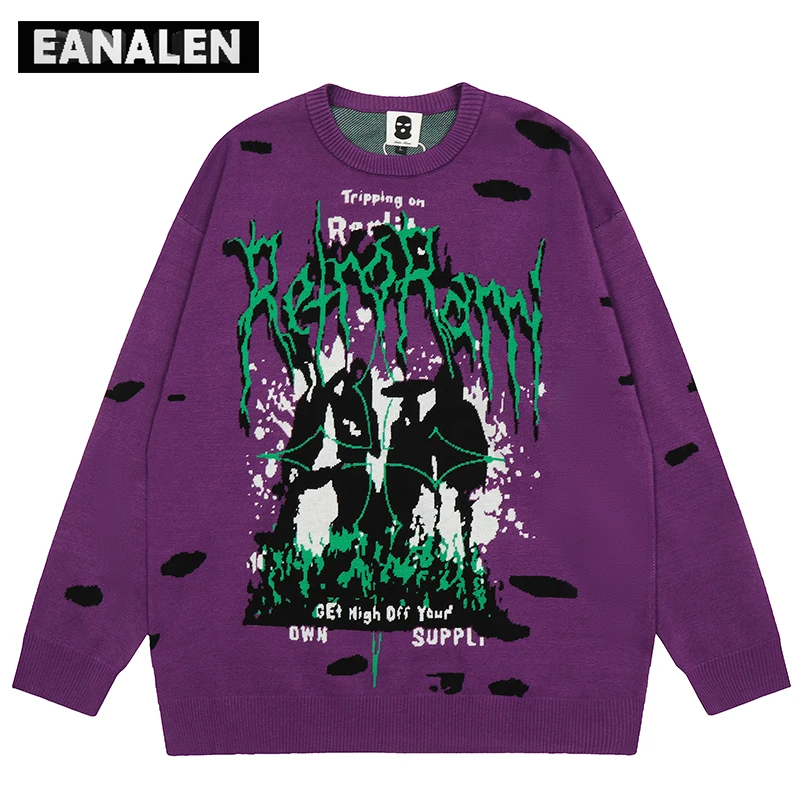 

Harajuku Black Purple Skull Sweater Knitted Pullover Men's Gothic Rock Jumper Rapped Anime Sweater Grandpa Ugly Sweater Women's