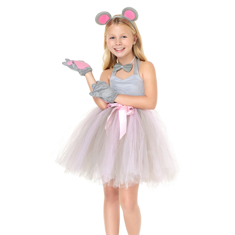 Kids Girls Mouse Cosplay Tutu Dress Tail Gloves Stage Performance Dance Skirts Costume Halloween Party Cartoon Disguise Outfits