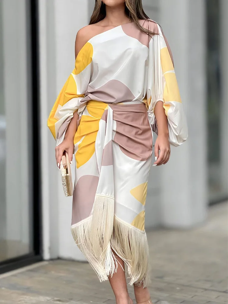 

Lantern Sleeve Pullover Top Two Pieces Outfit, Women Loungewear Maxi Skirts Matching Sets, New Spring Summer Tassel Ladies Suits