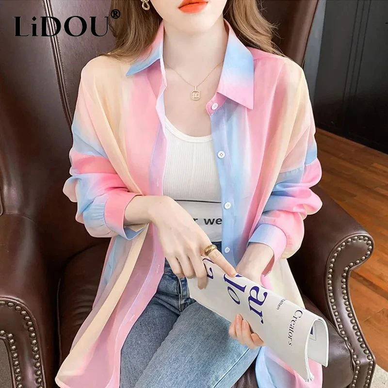 Summer Polo-neck Rainbow Printing Shirt Ladies Long Sleeve Loose Casual All-match Top Women Buttons Cardigan Sunscreen Blouse