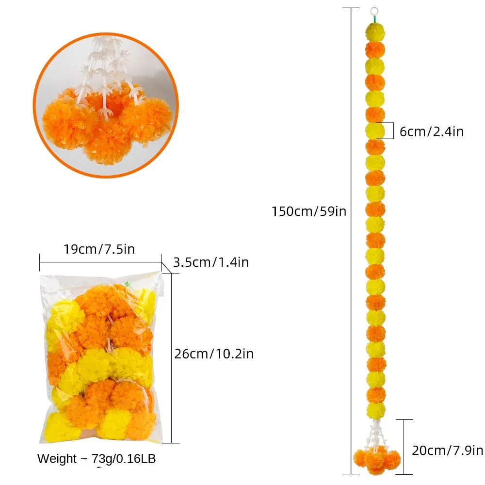 Marigold Garland 1.5m/5 feet Long Strands Artificial Marigold Flowers Indian for Pooja Wedding Halloween Christmas Events Decor