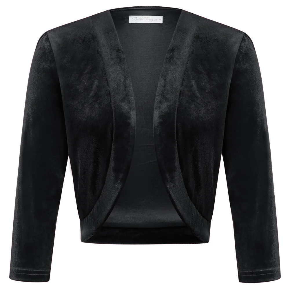 

BP Women Vintage Velvet Shrug 3/4 Sleeve Solid Color V-neck Open Front Irregular Hem Bolero Slight Stretch Slim Fit Tops 2023