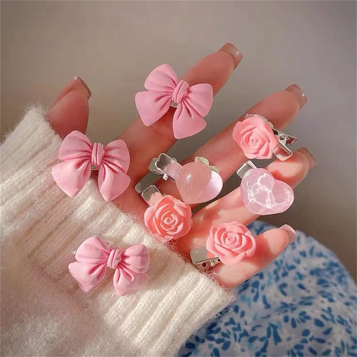 5Pcs New Small Bow Hairpins Cute Peach Rose Headwear Hair Accessories Girl Side Bangs Clip Sweet Hair Clips Headdress Jewelry