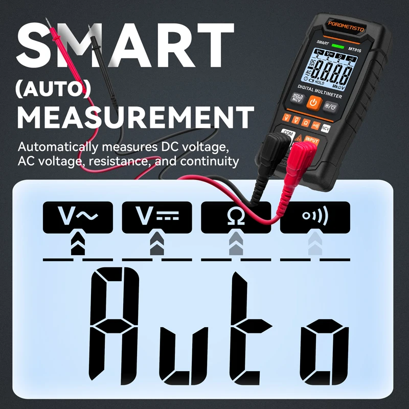 POROMETISTO MT01S 디지털 멀티미터 4000 카운트 자동 범위 멀티테스터 0.8-600V AC/DC 전압 옴 NCV 연속성 테스트 도구