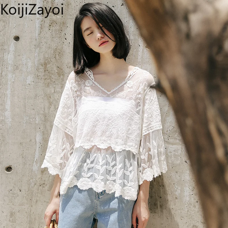 

Koijizayoi Lace Women Solid White Blouse Summer Fashion Office Lady Lace Embroidery Shirt V Neck Transparent Chic Blusas 2022