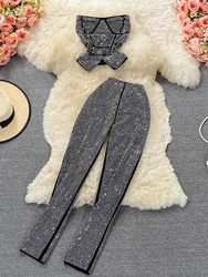 Sexy Women Black/White Diamonds Two Piece Set Party Slash Neck Off Shoulder Camis Tops + High Waist Pants Female Suit Autumn New