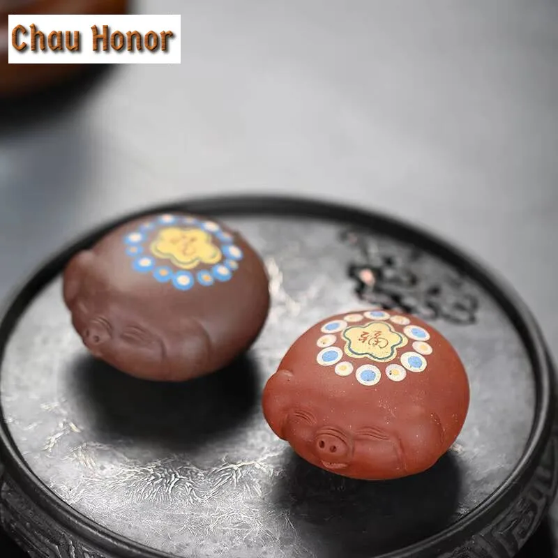 Handmade Small Pig Head Purple Sand Tea Pet Antique Tea Figurine Tea Ceremony Tea Zisha Statue Tea Services Equipment Decoration