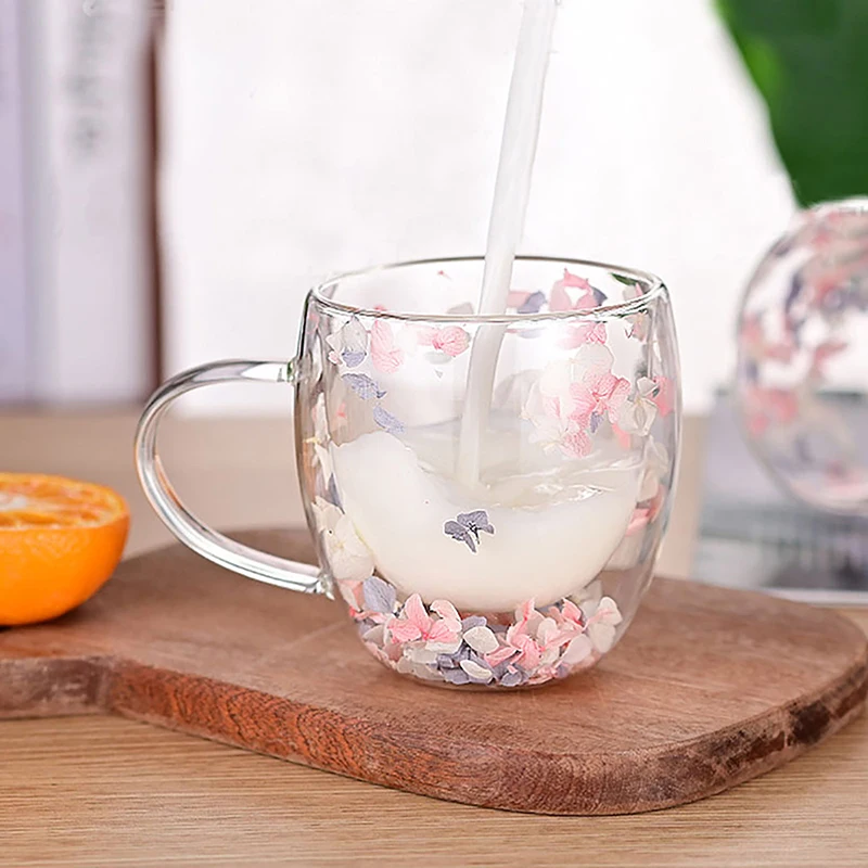 Glass Cup Creative Double Wall Glass Cup Dried Flower Filler Glass Cups Tea Coffee Cups Gifts High Borosilicate With Handles