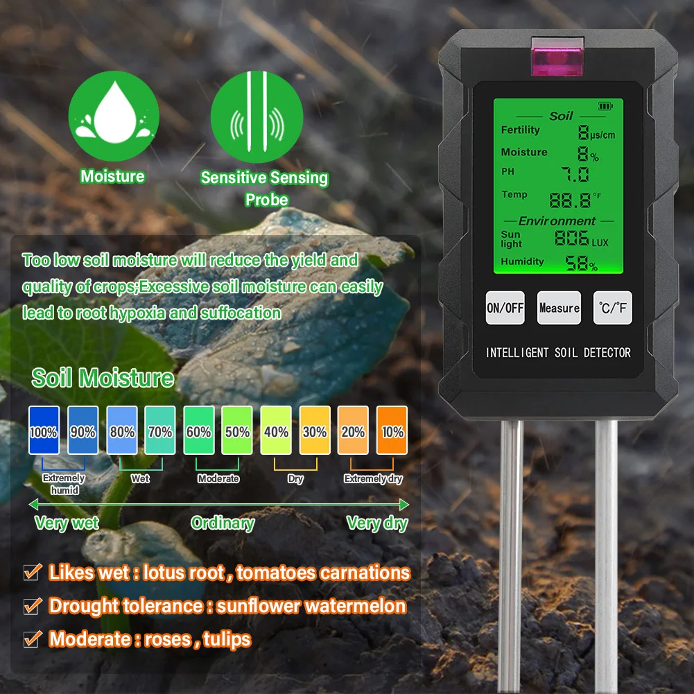 Soil Meter Digital pH Moisture Fertility Light Temp Humidity Analyzer for Garden