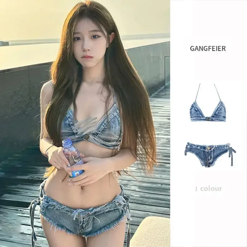 

2024 Spicy Girl Swimsuit Female Sexy Denim Bikini Three Point Split Swimsuit Female Vacation Hot Spring Pure Desire Bikinis Set