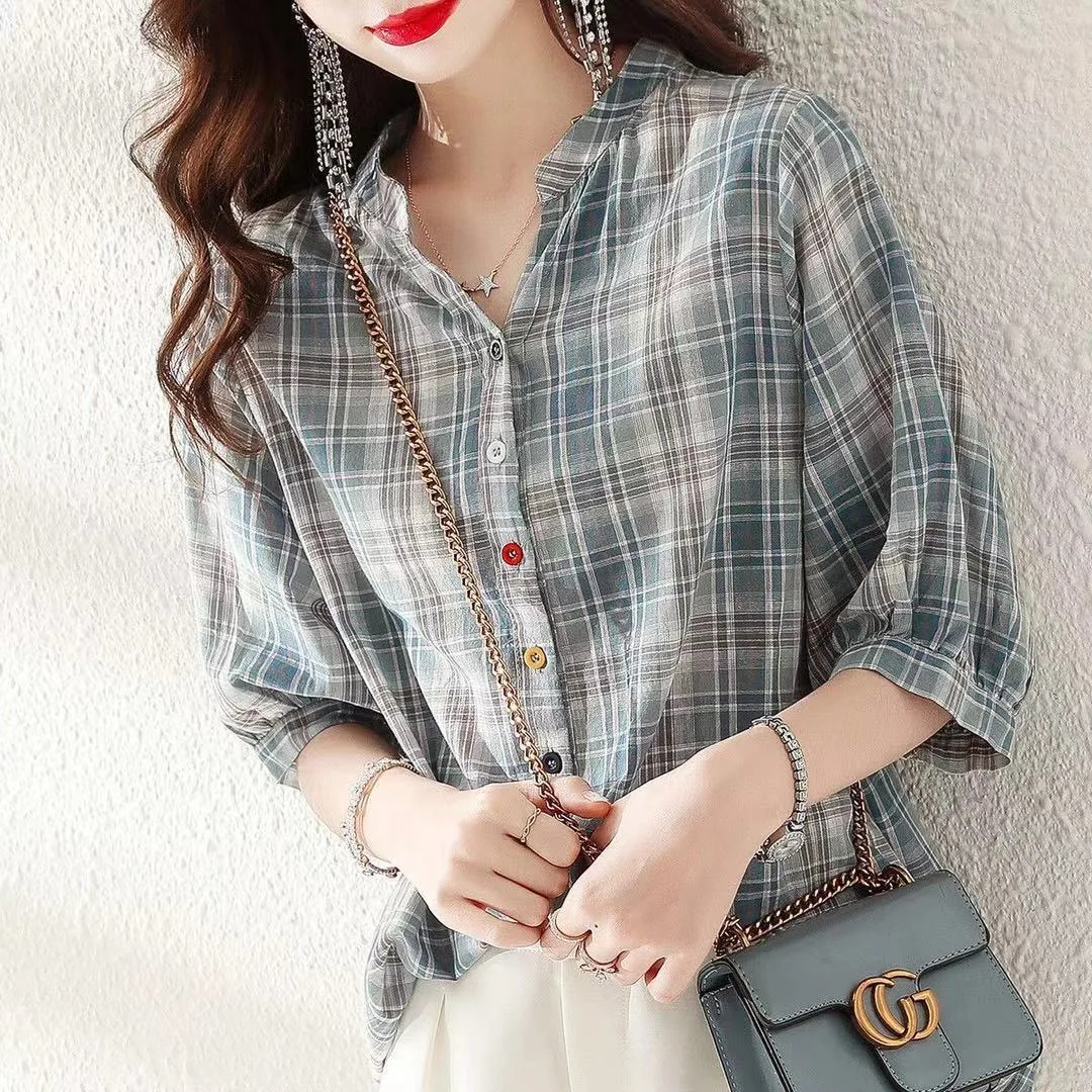 Blusas de verano para mujer, informales, con cuello en V, manga corta, a rayas y estampado DF4537