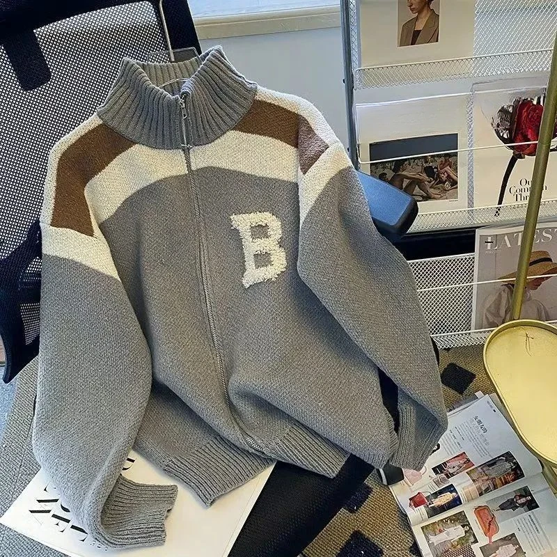 Knitted Cardigan Men Winter Stand-up Collar Large Size Long-sleeved Jacket