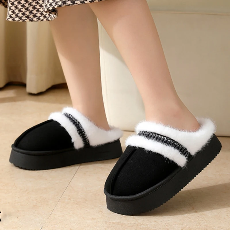 Korean Patchwork Fluffy Slippers for Women Soft Thick Bottom Fur Slippers Woman Winter Indoor Faux Suede Non Slip Home Slides