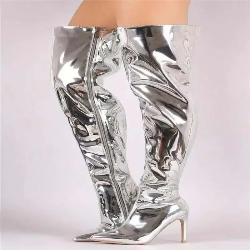 Women Boots Mirror Platform Pointy Toe Punk High Thin Heels Over The Knee Long Boots Autumn Winter Zip Silver Casual Party Shoes women high heel boots