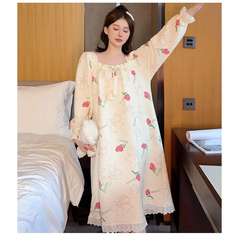 Spring Autumn Women Long-Sleeved Quilted Nightdress Female Sweet Loose Plus Size Mid-Length Homewear Casual Fashion Nightgown