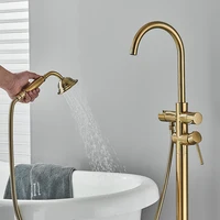 Brushed Golden Bathtub Shower Faucet Floor Standing Shower Tub Spout Single Handle Hot/Cold Water Bathroom Shower Mixer Tap 2