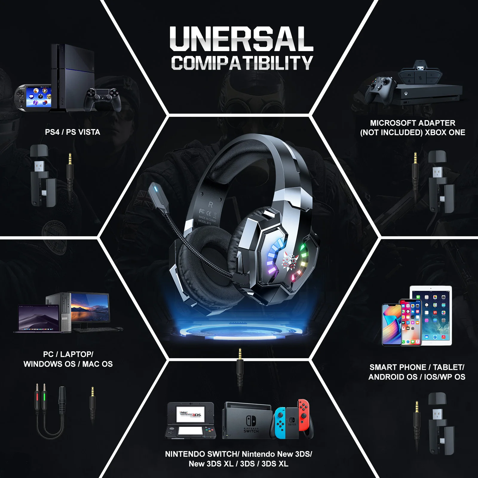 ONIKUMA B15 Headphone RGB Wireless Gaming Headset HD Microphones HiFi Sound Quality PC Laptop Gaming Earphone for PC