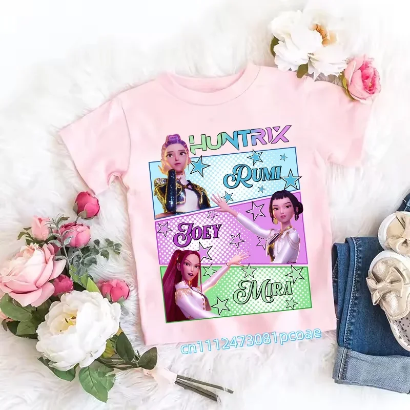 Children's Anime-Inspired Demon Hunters T-Shirt - K-pop Cartoon Pattern, Casual Girls' Top, Gift Option