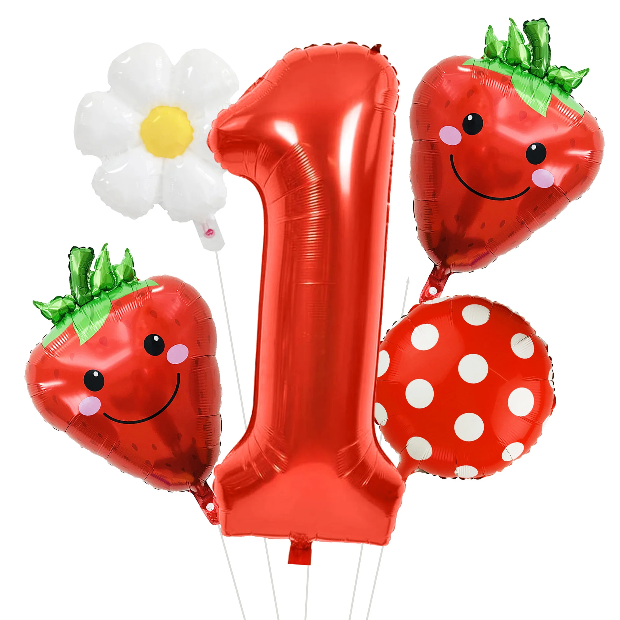 5-teiliges Set mit roten Ballons in den Zahlen 1-6, Erdbeer-Gänseblümchen-Ballon-Set, Erdbeer-Gänseblümchen-Folienballons mit Punkten, geeignet für Muttertag, Valentinstag, Geburtstagsfeiern, Jubiläumsfeiern, süße Beer