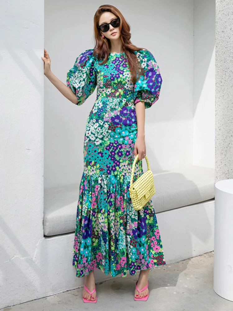 

Summer New Korean Style Fashion Dress Fishtail Print Floral Daisy Slim Round Neck Dress Elegant Evening Dresses for Women