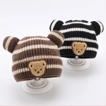 Baby Beanie Hats For Girls Boys Fashion Striped Toddler Knit Hat Cartoon Children Crochet Bonnet Winter Warm Kids Pullover Cap 1