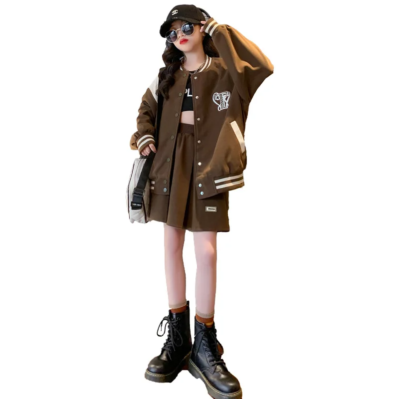 

Girl Baseball Uniform Set Fashion Spring Crewneck Patchwork Jacket + Preppy Style JK Pleated Skirt 2pcs Teens Clothes Suit 4-14Y