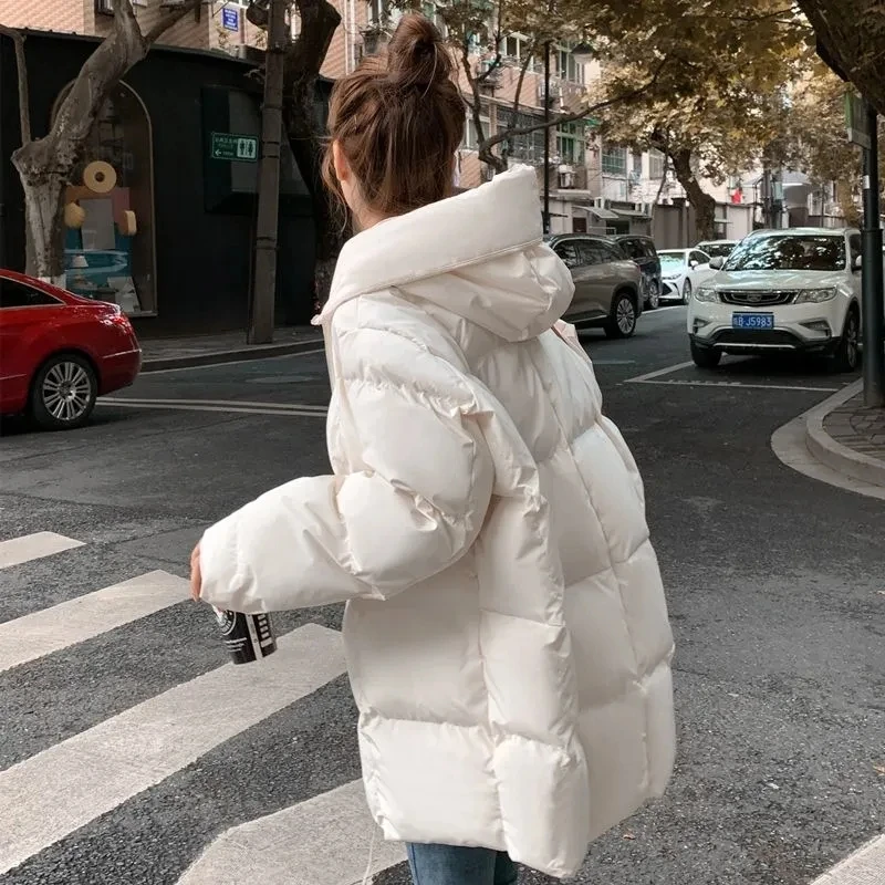 New Down Cotton Parka Winter Jackets Women White Zipper 2022 Korean Loose Hooded Bubble Coats Female Simple Basic Outwear