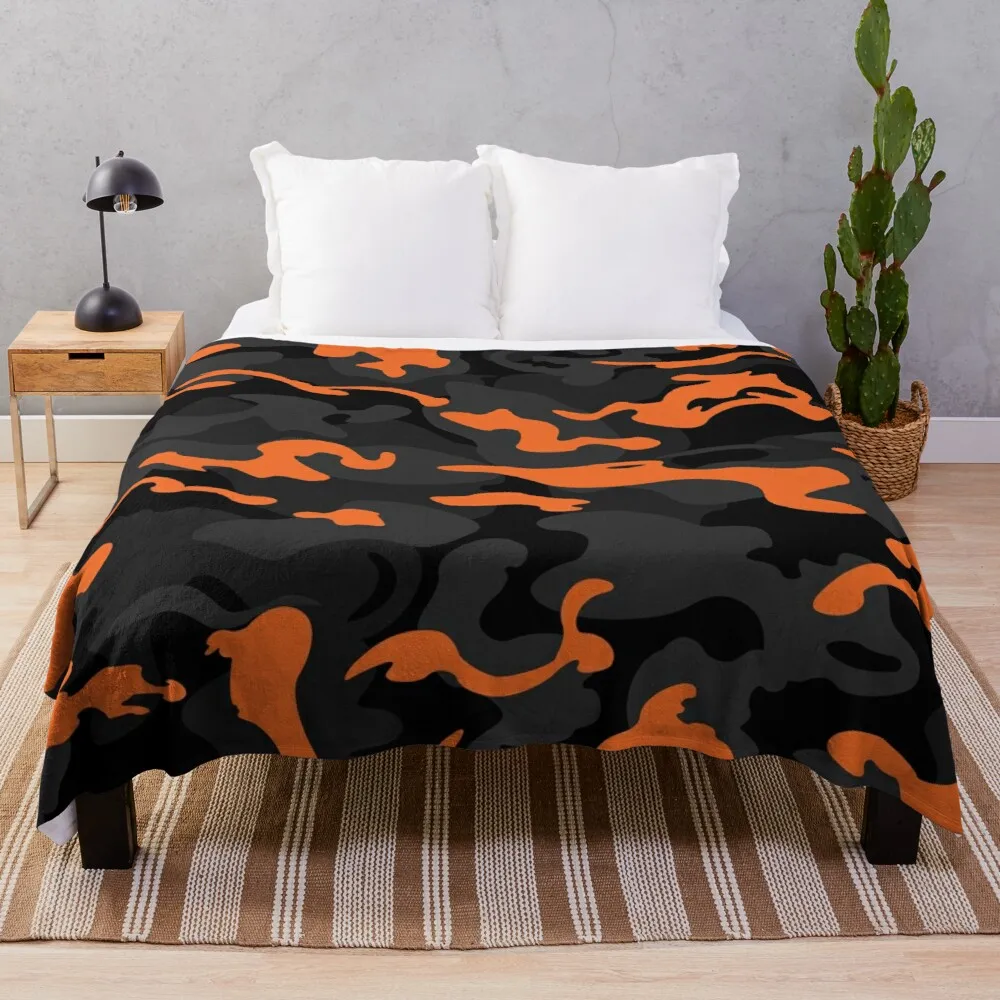 

Camo Style - Black Orange Camouflage Throw Blanket Soft Blanket Fluffy Shaggy Warm Bed Fashionable Picnic Blanket