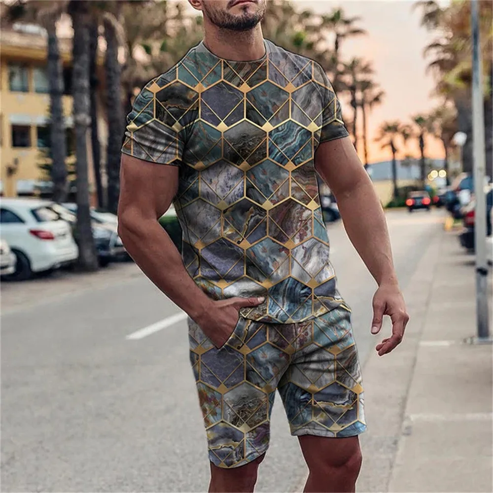 2023 Summer Men's T-shirt Male Casual Suit Simple Type Men's T-shirt Short Sleeve+Shorts Oversized 3D Printing 2-piece Set