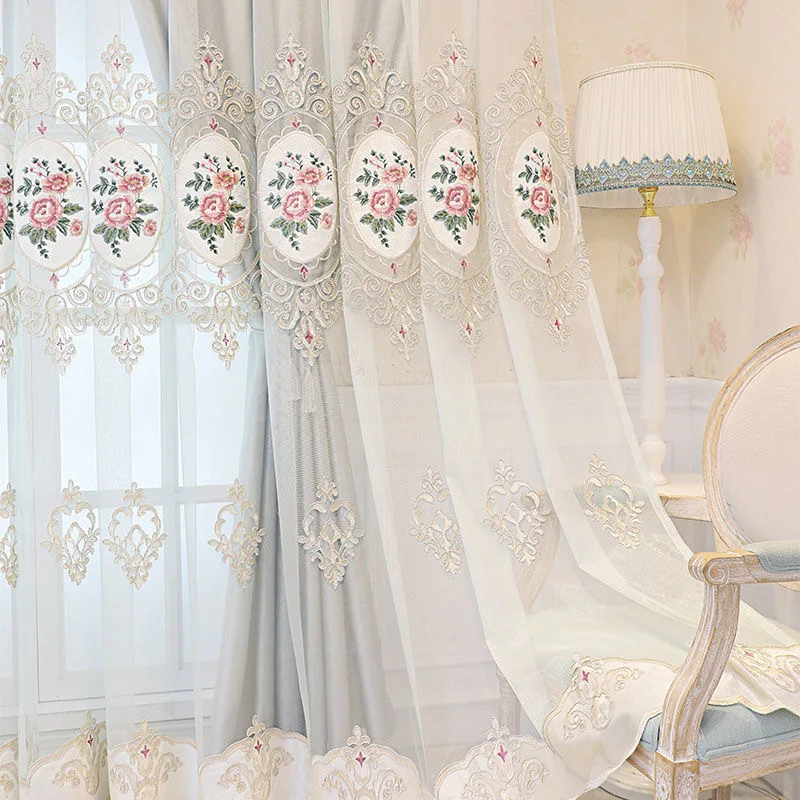 2025 New European Cloth Curtain+Voile Curtains Double Layered Window Curtain Embroidered Pink Flowers Blackout Drapes Home Decor 5