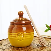Creative Cartoon Pattern Vintage Ceramic Honey Jars with Wooden Stirring Stick Kitchen Organizer and Food Storage Container 1