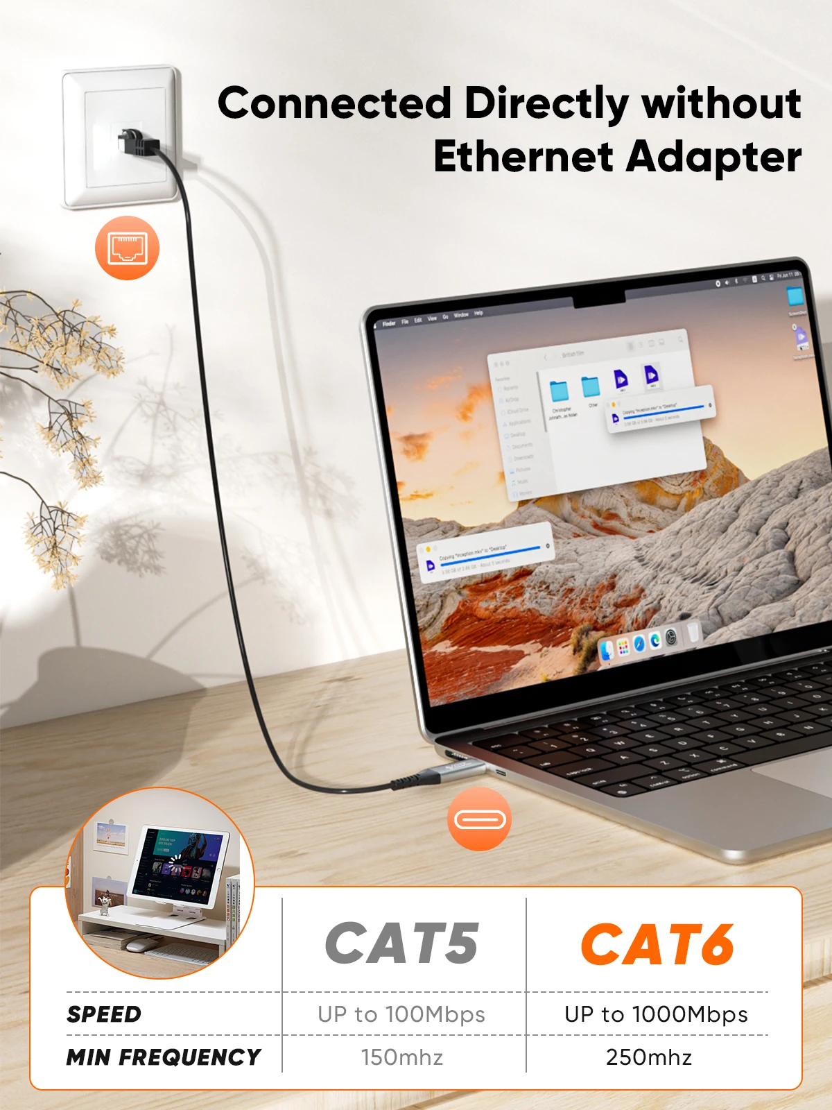 CableCreation USB C RJ45 이더넷 케이블 1000Mbps 기가비트 CAT6 일체형 LAN 네트워크 케이블 알루미늄 커넥터 안정적 전송 어댑터 불필요 맥북 아이폰15 갤럭시S24 태블릿