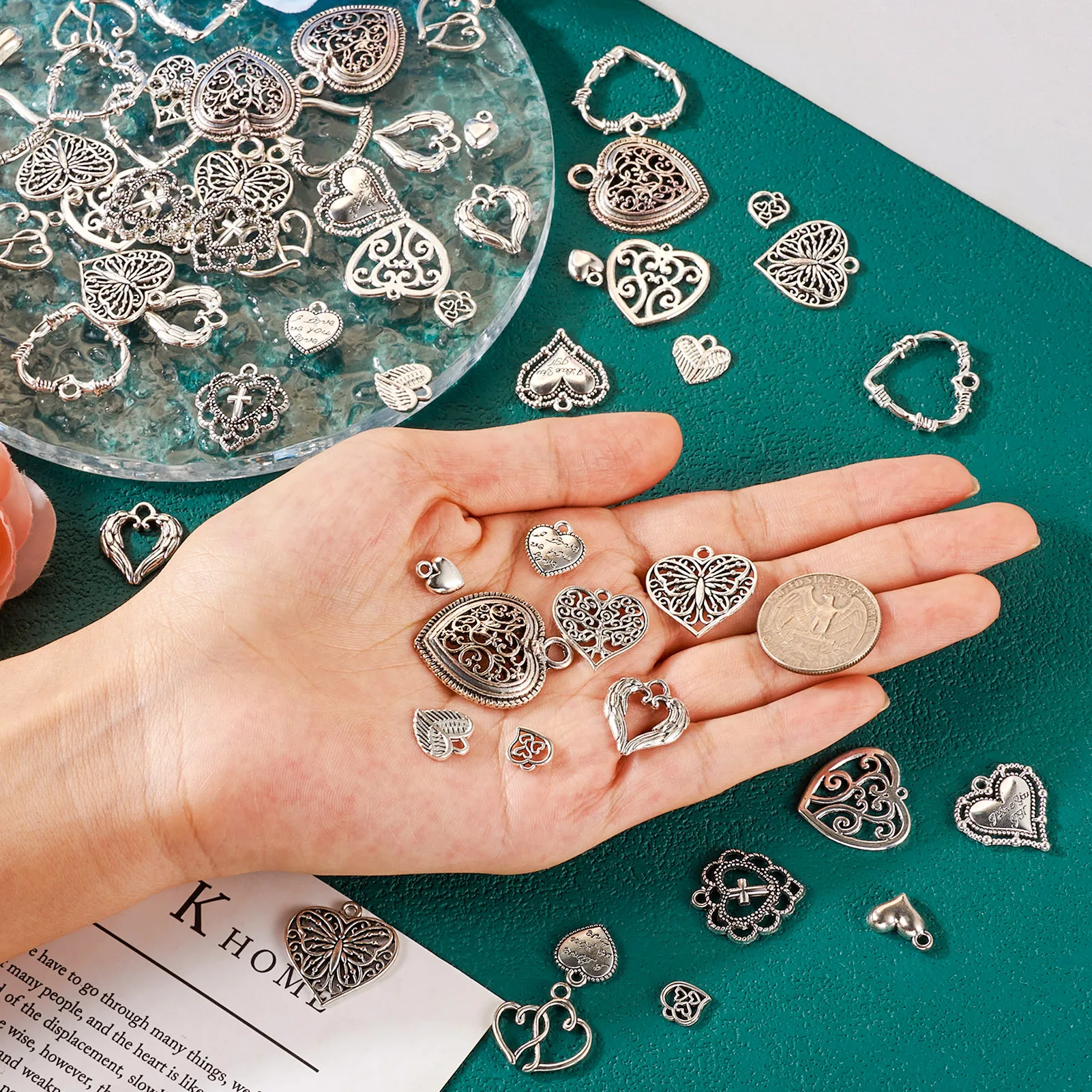 120pcs Antique Silver Color Heart Charms Mixed Tibetan Styles Alloy Charms for DIY Earrings Necklace Brooches Jewelry Making