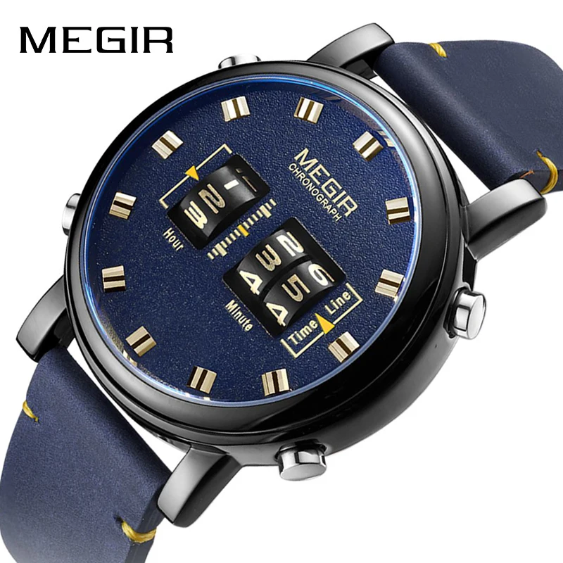 

MEGIR Mens Watches Top Brand Luxury Leather Quartz Watch Fashion Scroll Wheel Time Design Sports Wristwatch Relogio Masculino