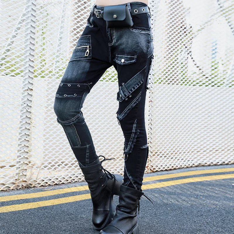 

Vefadisa Black Multi-pocket Denim Pencil Pants Women 2023 Spring Autumn New Patchwork Denim Trousers Skinny Female Jeans QYF6312