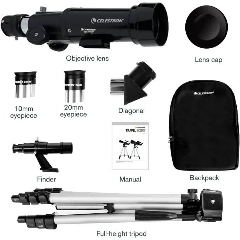 Celestron 휴대용 천체 망원경, 여행용 스코프, 70mm, 70400 AZ 굴절경, 10-165X 줌 단안, 어린이 초보자 선물
