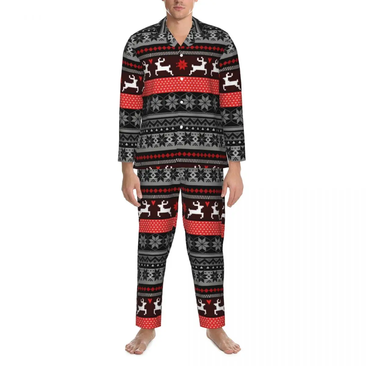

Nordic Animal Pajama Sets Autumn Red Fair Isle Romantic Bedroom Sleepwear Men Two Piece Casual Oversized Custom Home Suit