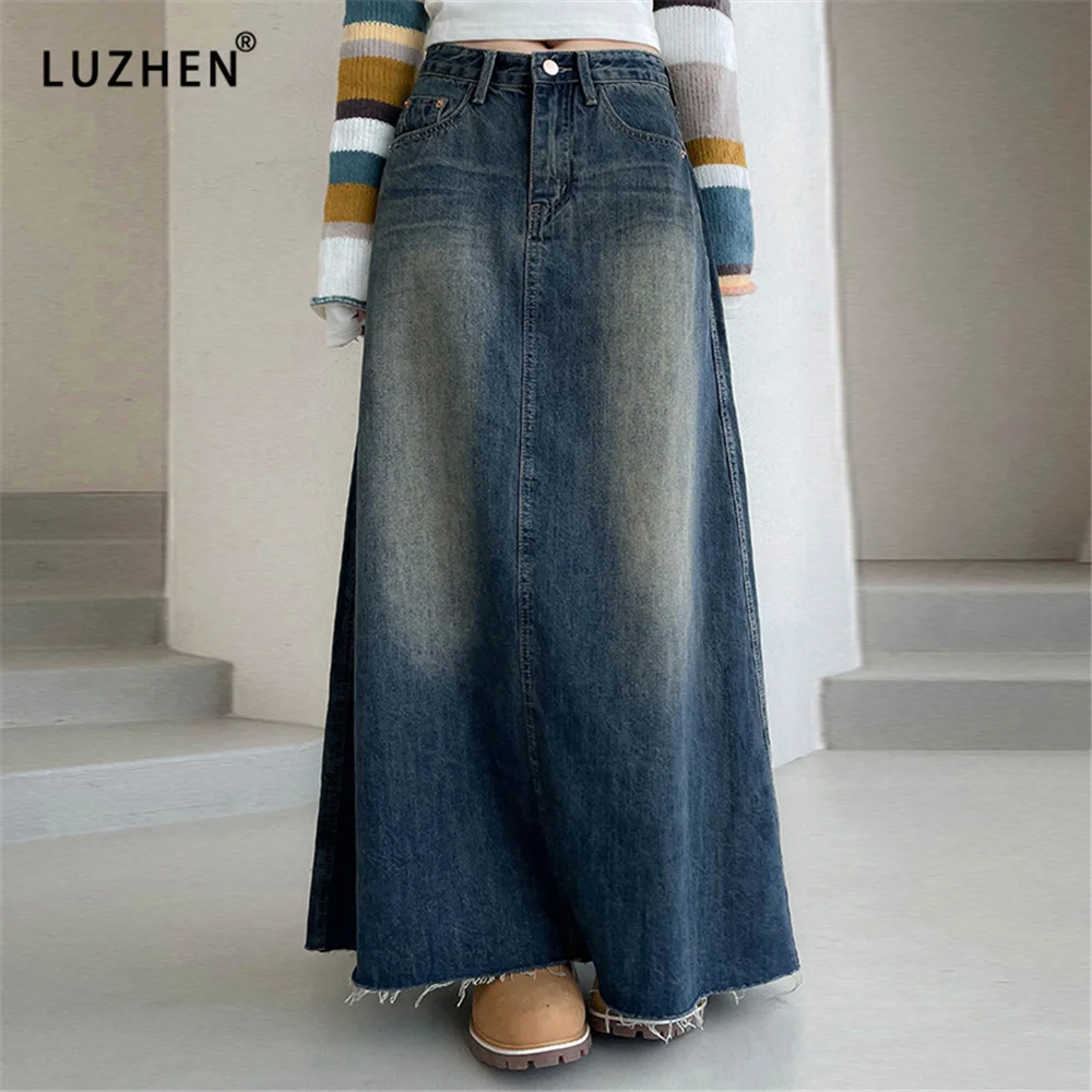 

Vintage Harajuku Distressed Low Waist Denim Skirt Women Loose Korean Fashion Washed Casual Long Skirts Aesthetic Outfits Y2k