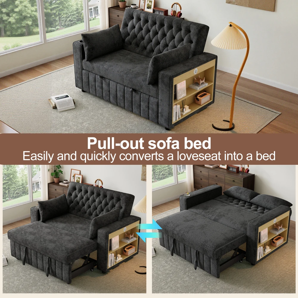 Multifunktionales Schlafsofa, modernes Klappsofa mit Stauraum und Schlaffunktion, Getränkehalter, USB-Ladeanschluss und Kissen – Detail 20