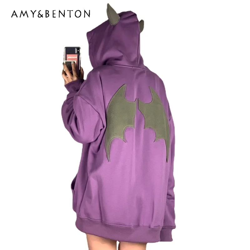 

American Retro Hooded Cardigan Sweatshirts Men And Women Couple Demon Embroidery Velvet Padded Top Coat Sudaderas Winter Clothes