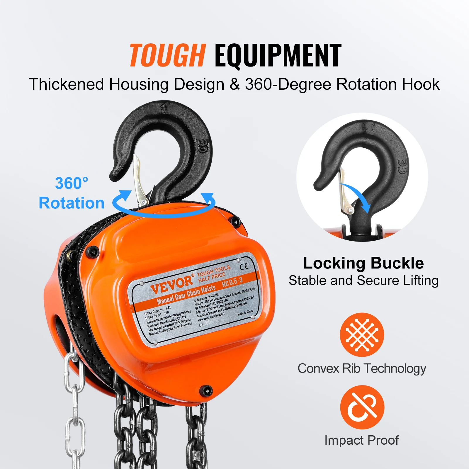 Manual Hand Chain Hoist VEVOR 1/2/3T Manual Hand Chain Hoist G80 Galvanized Carbon Steel with Double-Pawl Brake Auto Chain Leading 360&deg; Rotation Hook