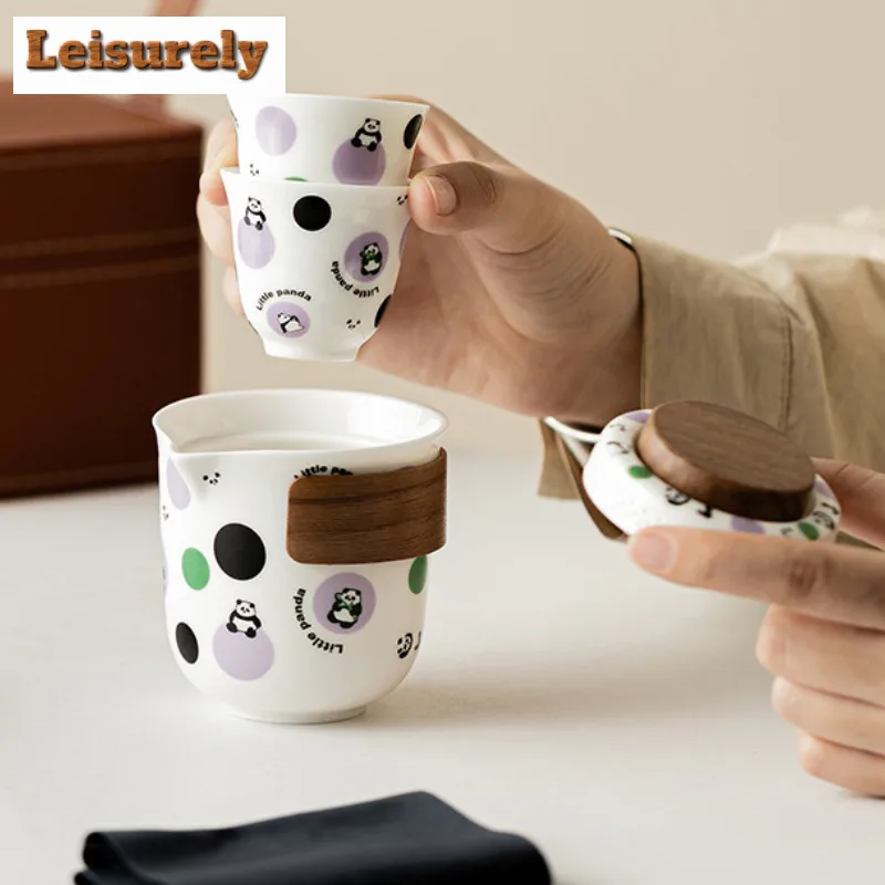 Cute Panda Travel Tea Set Kit Aesthetic Set of Cups 1 Pot 2 Cups Tea Making Organizer Portable Outdoor Stock Bags Supplies Gift