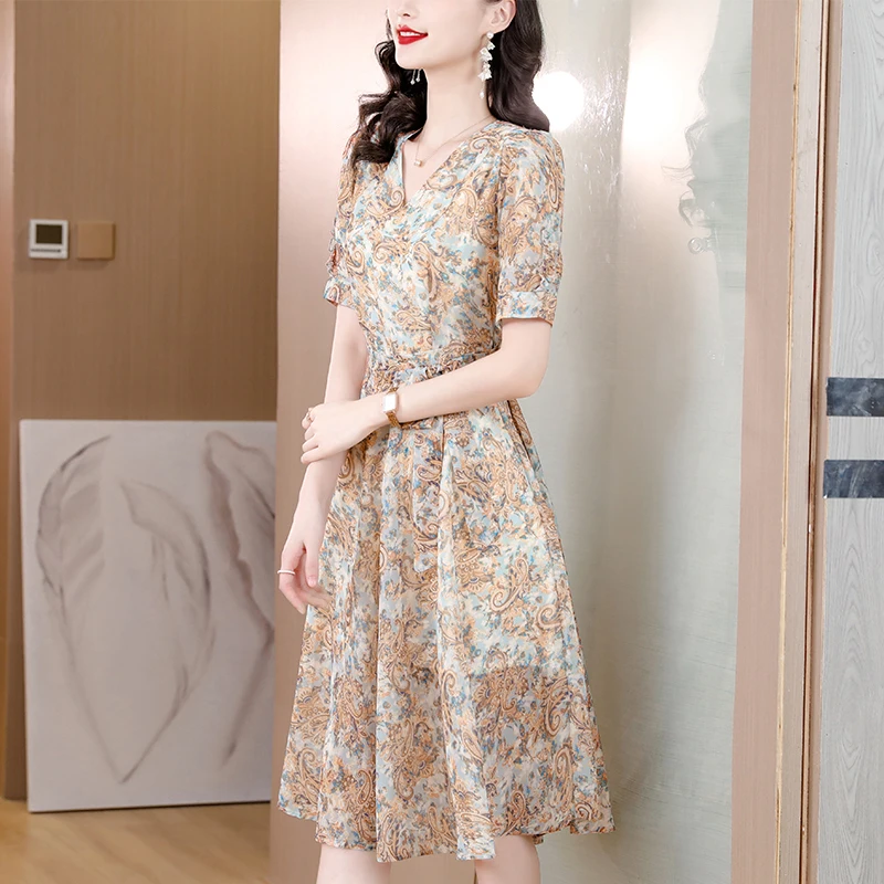 

Spring Fashion Versatile Silk Printed Dress Women's High end Atmosphere Leisure Loose Vacation Party Knee Length Dress Vestidos