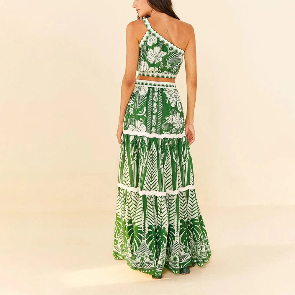 Green Floral Print Two-pieces Bikinis Set 2024 Elegant Senior Designer Swimwear One Shoulder Vacation Travel Swimsuit Long Skirt