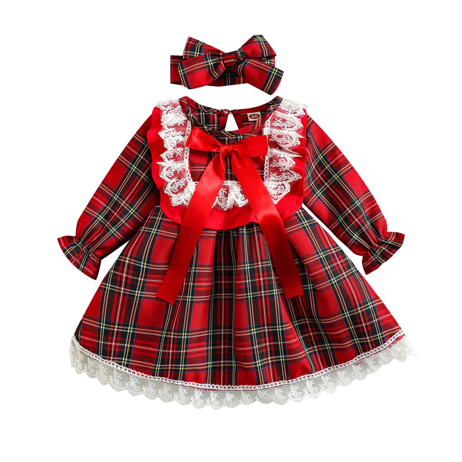 

2 Pieces Kids Suit Set Christmas Plaid Lace Trim Round Neck Long Sleeve A-Line Dress+ Headband 6 Months-4 Years