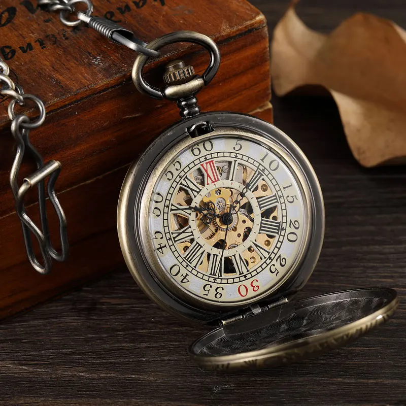 Bronze Mechanical Pocket Watch for Men Double Case Open Side Skeleton Hollow Dial Luxury Roman Clock Male Women with FOB Chain